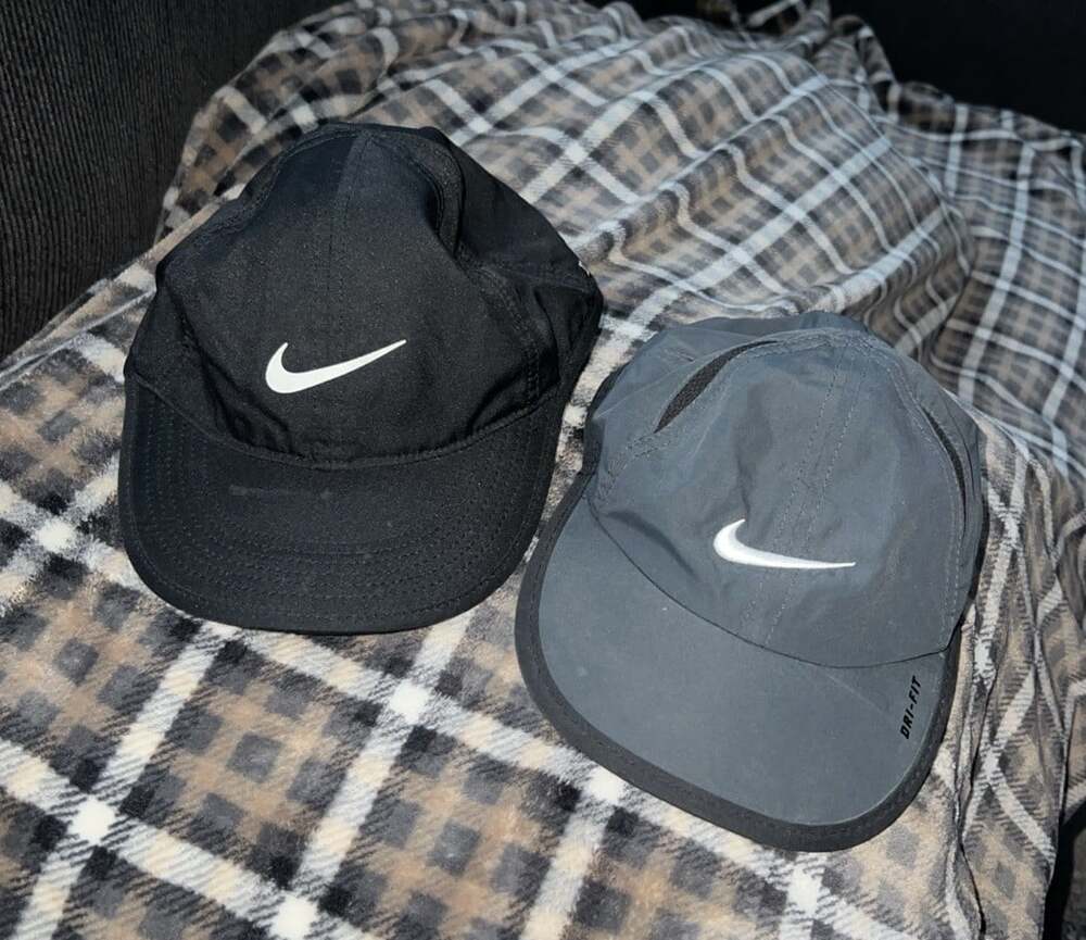Lot of 2 Nike Hat Cap Strap Back Black Gray Dri-FIT Running Featherlight Swoosh